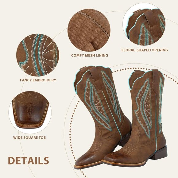 SheSole Western Boots Women's Brown Tan Faux Leather Square Toe Wide Mid Calf - Picture 5 of 9